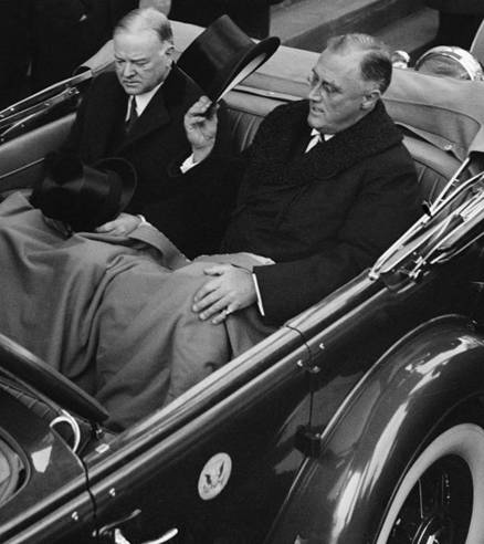 Herbert Hoover and Franklin Delano Roosevelt in Hoover’s Hudson automobile on their way to U.S. Capitol for Roosevelt's inauguration. March 4th 1933